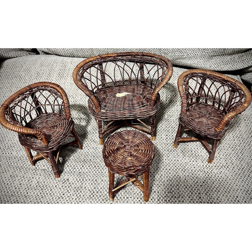 Vintage Miniature Wicker Doll Furniture Set Chairs Loveseat Table Rattan Lot
